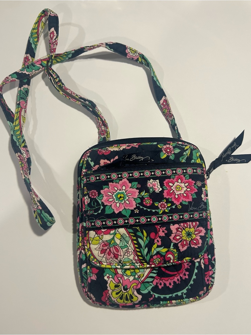Vera Bradley Quilted Navy Floral Crossbody with Pink & Green Accents